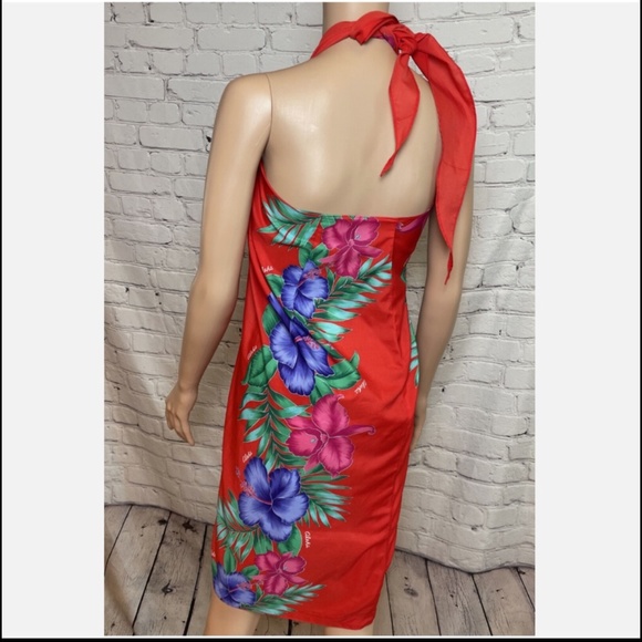 Vintage 60s 70s Helena’s Hawaiian Sarong Wrap Pareo Black w Red/Pink Hibiscus - Picture 3 of 10